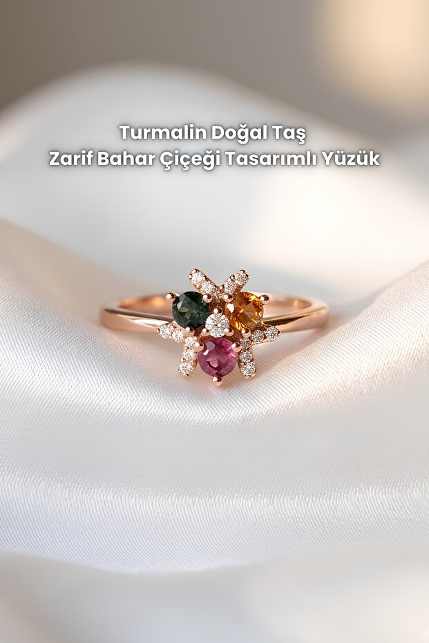 Tourmaline Natural Gemstone Elegant Spring Flower Design Ring