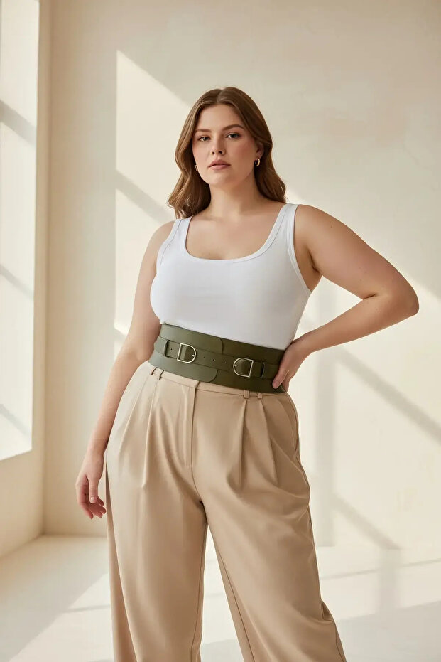 Plus Size Khaki Women's Belt Wide Waist Corset with Double Buckle Detail