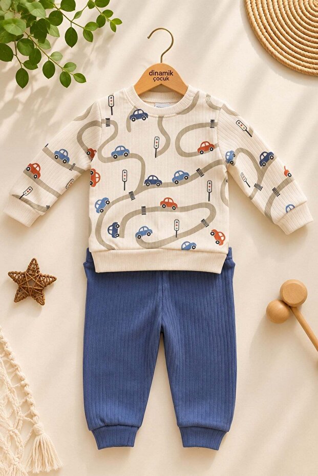 Baby boy car patterned ribbed top and bottom set 3-6-9-12 months old