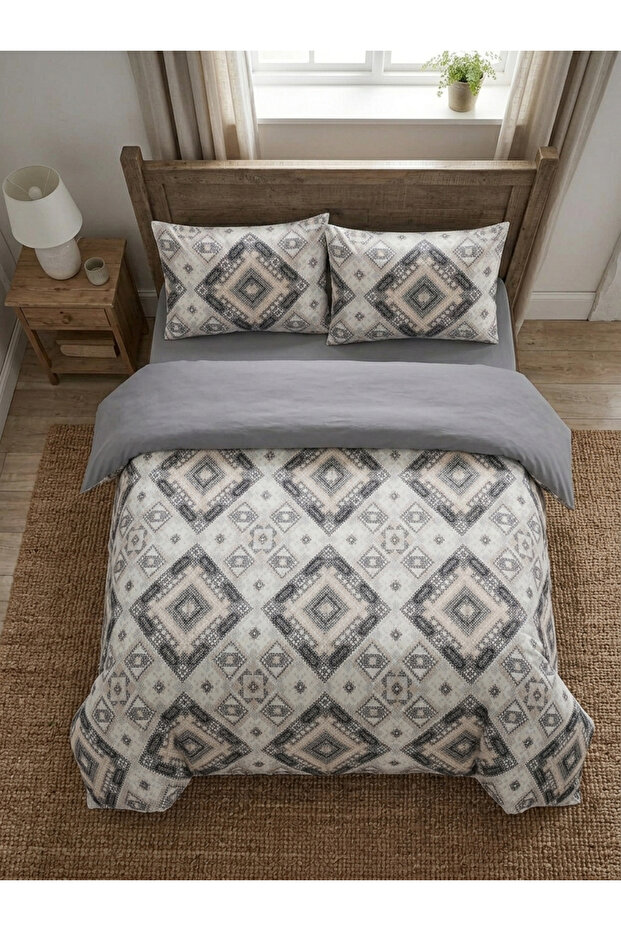 Double-Sided 200X240 Duvet Cover Set, 160 X 200 Fitted Sheet Gray - 4 Pieces