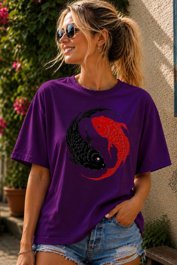 Yin Yang Fish Printed Crew Neck Casual Unisex Oversize T-Shirt - Cotton Casual T-Shirt