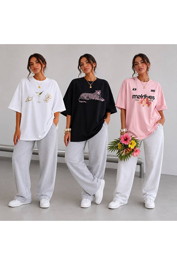 3-Piece Comfortable Cut Oversize Fit Cotton Printed Unisex T-Shirt