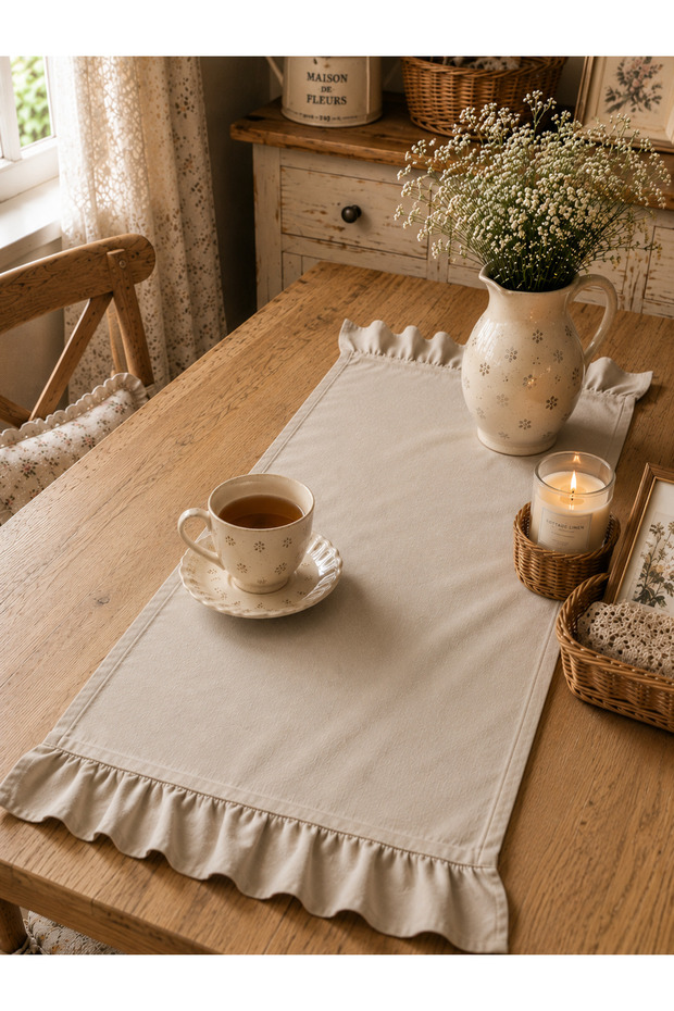 Cotton Blended Linen Textured Ruffle Runner 40X110