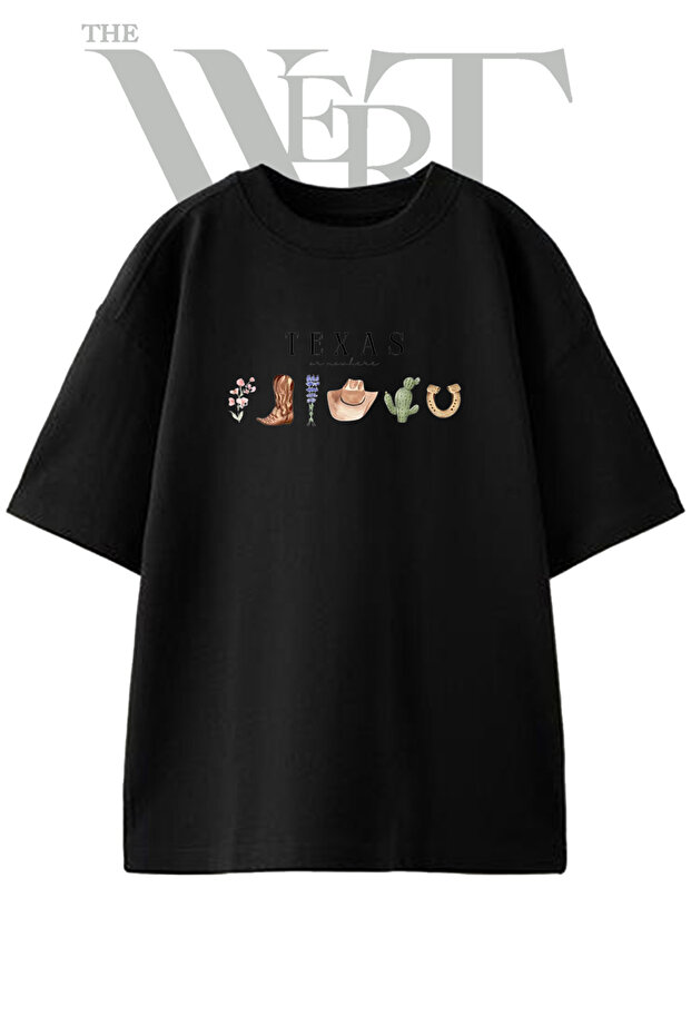 Texas Cowboy Design Printed Unisex Black Oversize T-Shirt