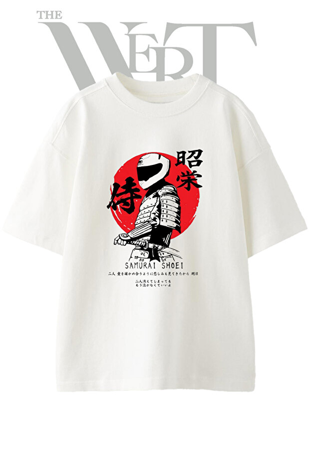 Samurai Shoei Design Printed Unisex White Oversize T-Shirt