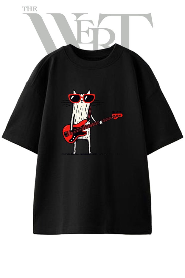 Cat Glasses Bass Guitar Design Printed Unisex Black Oversize T-Shirt
