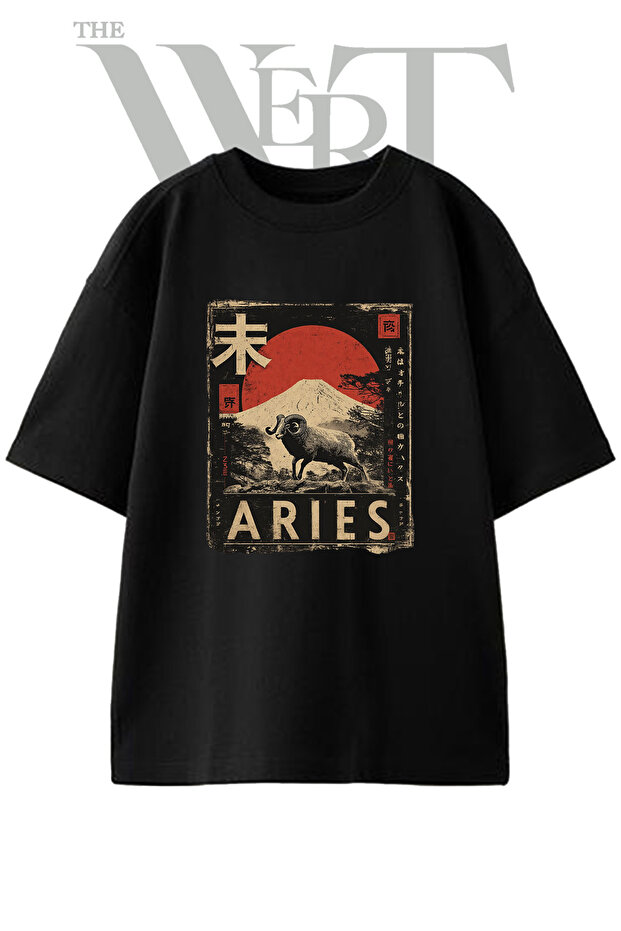 تي شيرت أسود كبير الحجم مطبوع بتصميم Aries Ram للجنسين