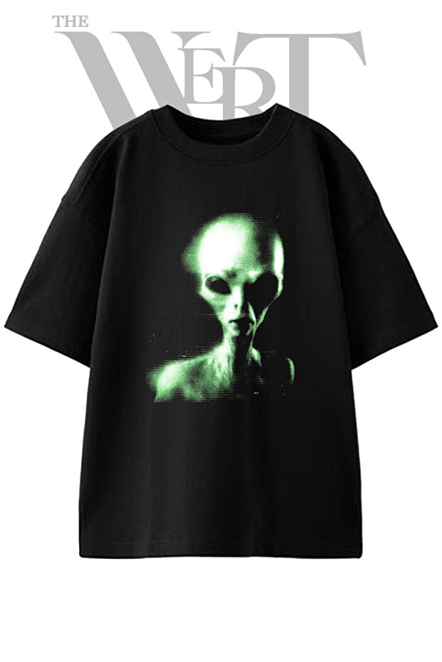 Green Alien Design Printed Unisex Black Oversize T-Shirt