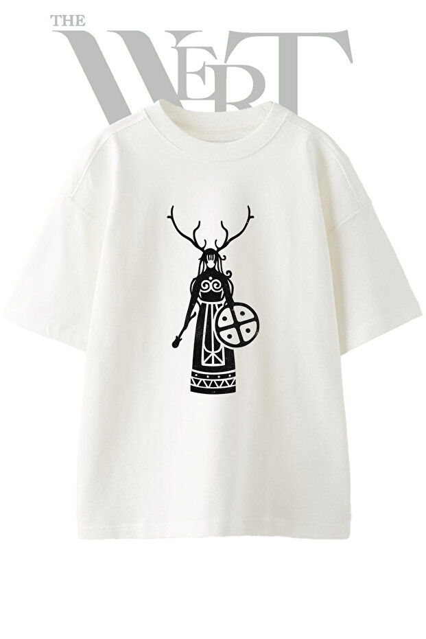 Horned Goddess Design Printed Unisex White Oversize T-Shirt