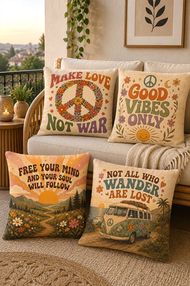 Make Love Not War Patterned 4-Piece Throw Pillow Cover Set
