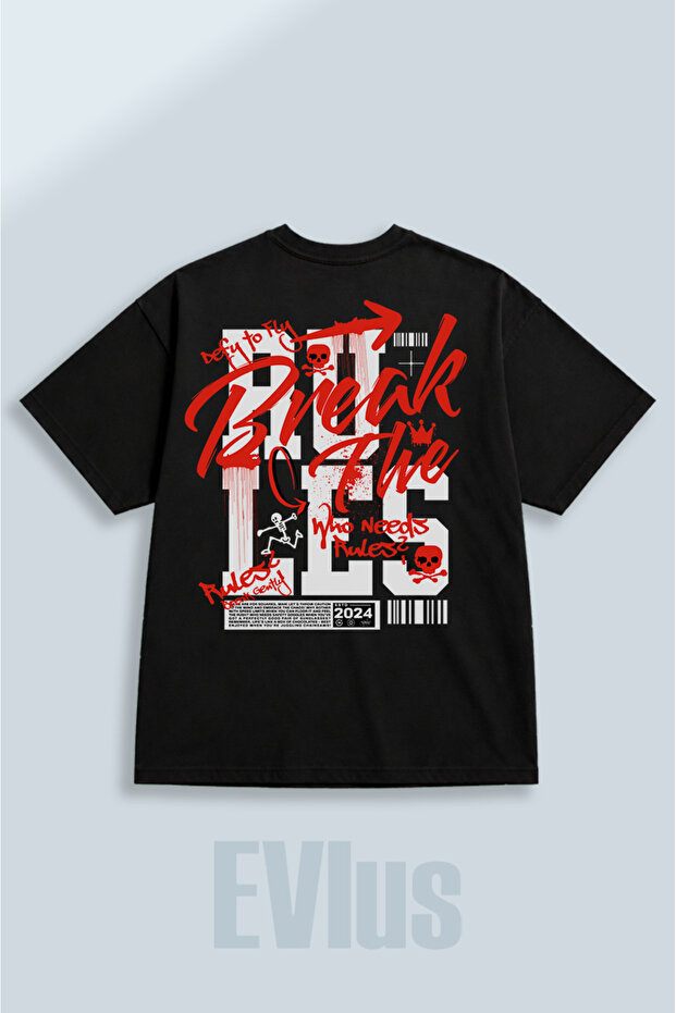 Oversize Break the Rules Printed 100% Cotton Crew Neck Loose Fit Black T-Shirt