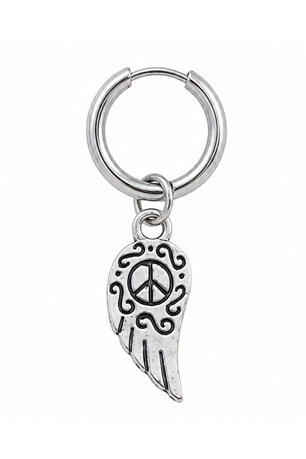 Unisex Silver Color Surgical Steel Dangle Peace Symbol Wing Figured Hoop Earring 1 Piece
