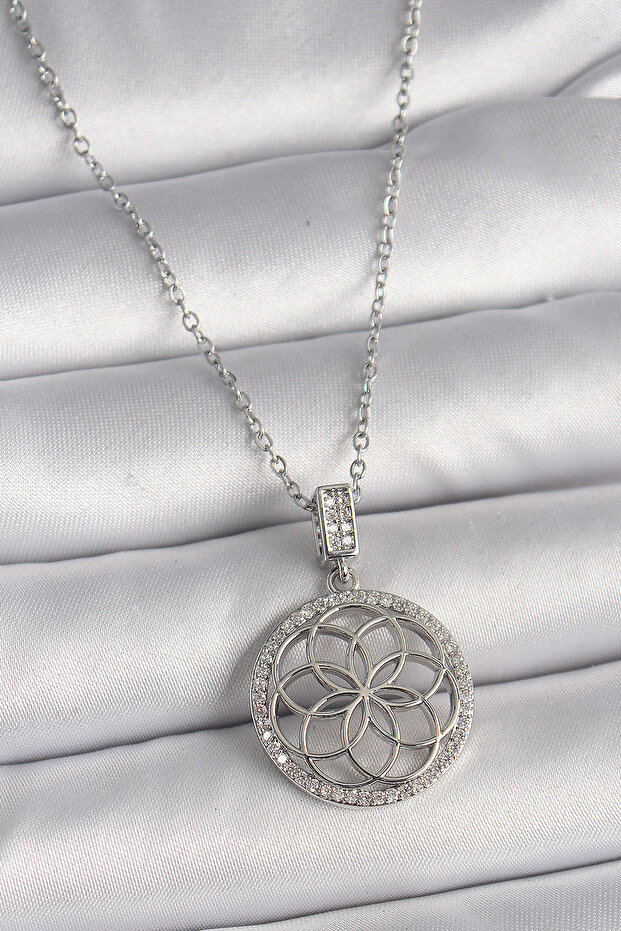 316L Steel Silver Color Chain Zircon Stone Lotus Model Women's Necklace