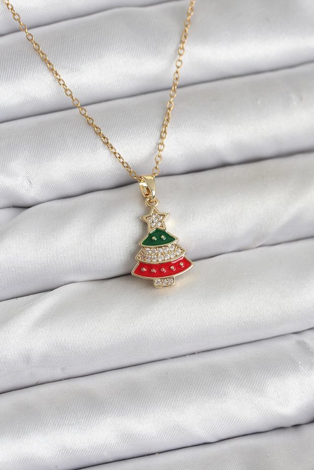 316L Steel Chain Gold Rhine Pine Tree Model Zircon Stone Christmas Themed Women's Necklace
