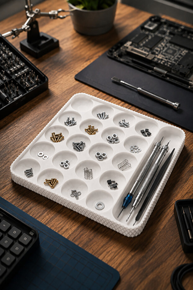 Electronics Repair and Hobby Work Tray – Screw and Small Parts Organizer (23 × 23 cm)