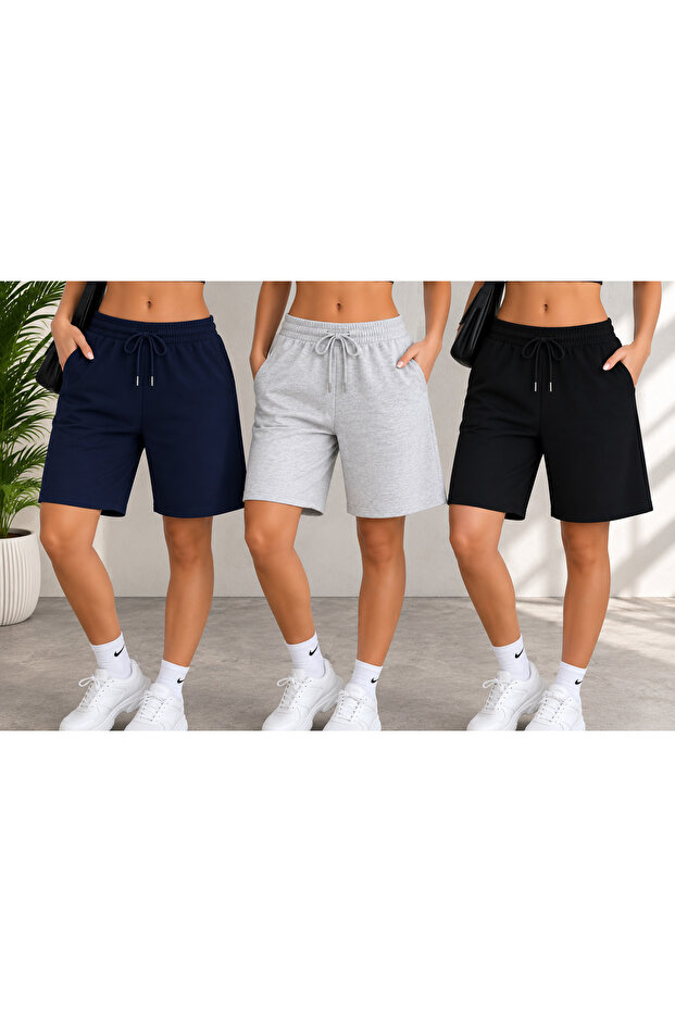 3 Pieces (Shorts) Black-Grey-Navy Blue Women's Oversize Shorts Bermuda Comfortable Fit Anti-Sweat