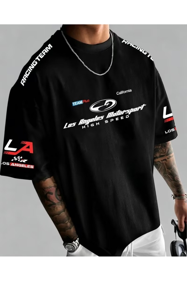 Men's Oversize Black Printed T-Shirt – Racing Team Los Angeles Motorsport 100% Cotton