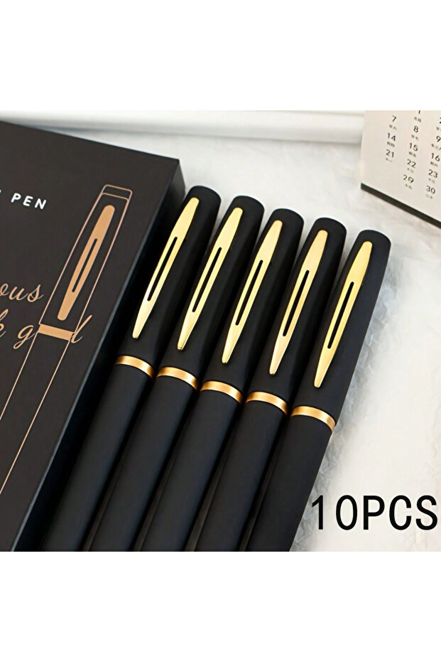 black 10Pcs 1/10Pcs-Stylish Black Gold Neutral Pen - 0.5mm Fine Tip, High Capacity, Ideal for Office