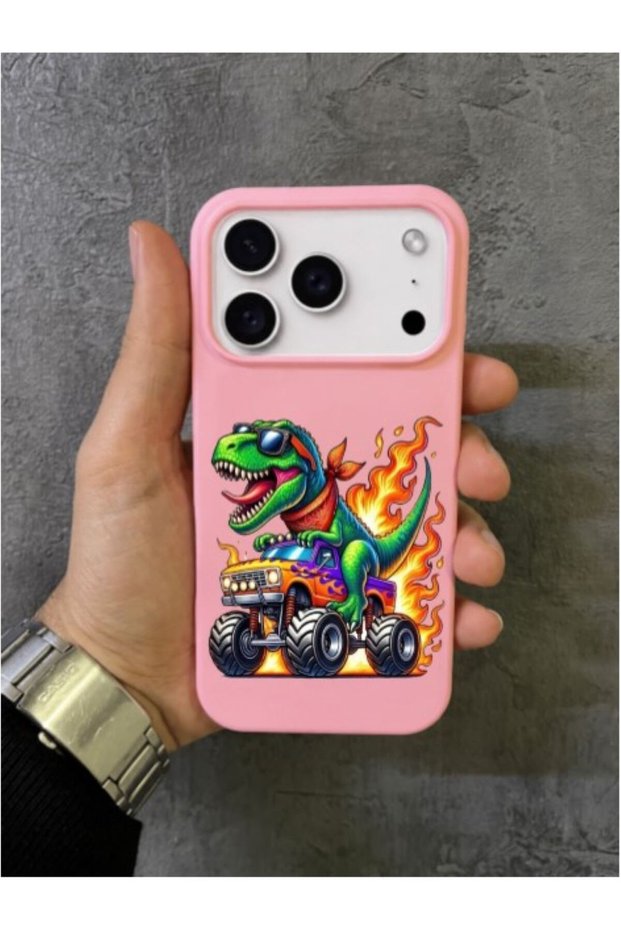 iPhone 17 Pro Max Compatible Pink Case with Monster Truck and Flaming Dinosaur Pattern