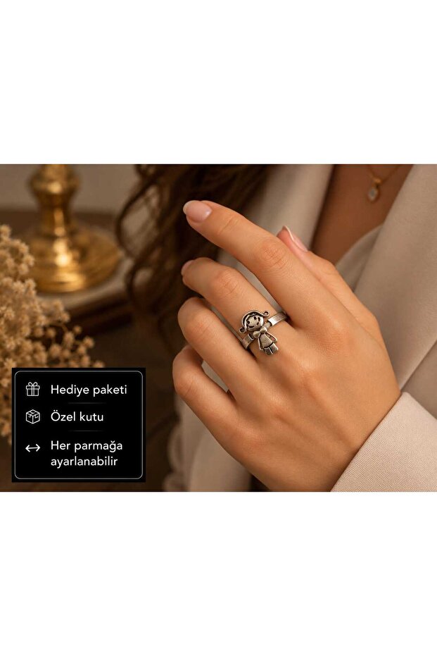 Vintage Antique Silver Color Adjustable Women's Ring with Cute Girl Figure – Special Design Retro