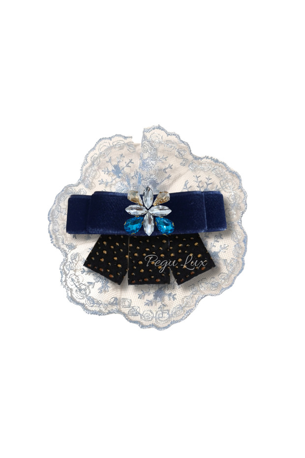Lux Blue Guipure Lace Special Design Brooch, Collar Brooch, Comes with a Bow Tie Pin.