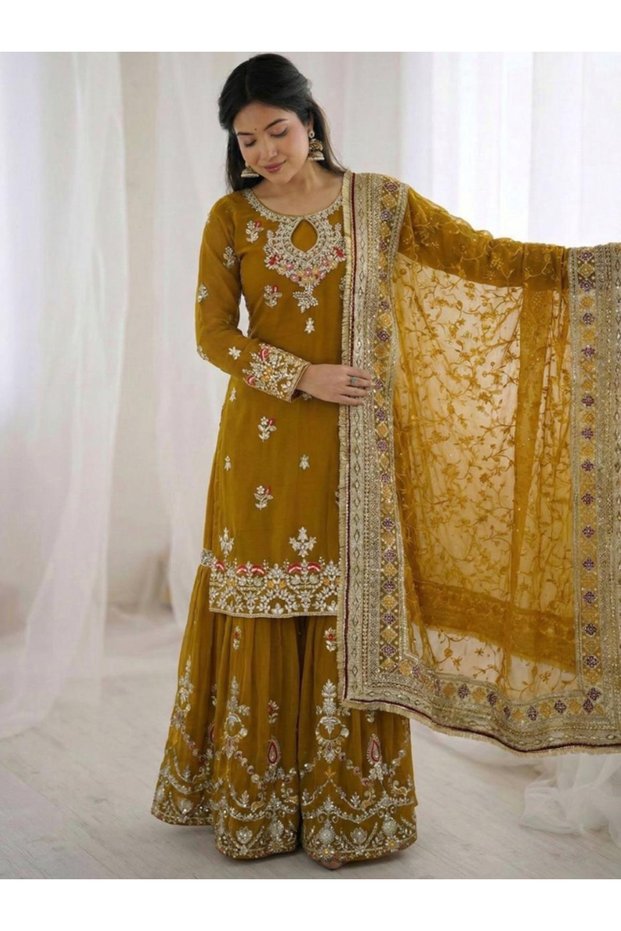 Yellow Heavy Faux Georgette Embroidered Sharara Suit Set - HRT7220 | Yellow-Size:M-38-Inches