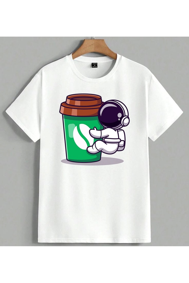 Astronaut Coffee Space Printed Unisex Oversize T-Shirt White