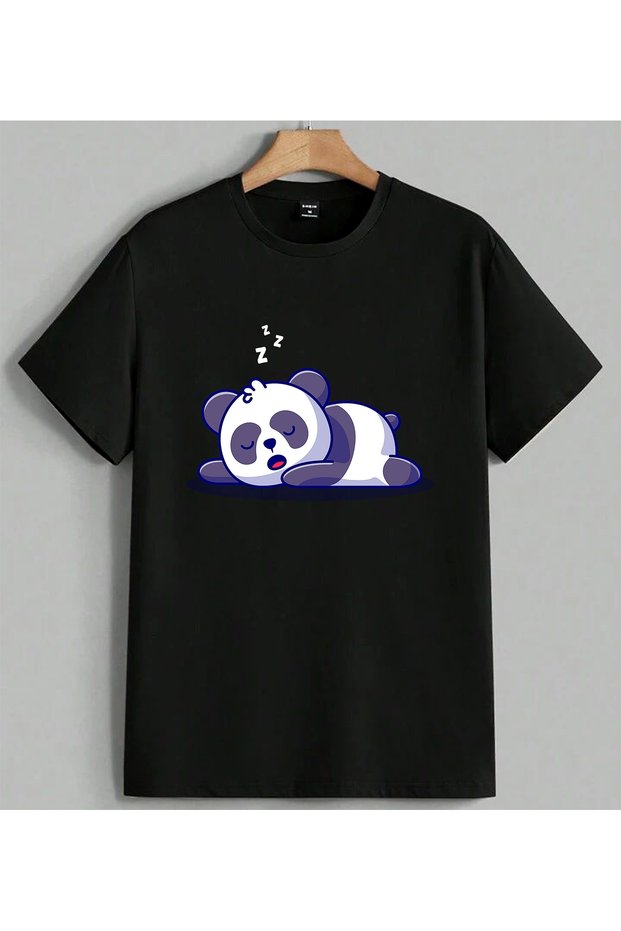تي شيرت أسود كبير الحجم مطبوع عليه Sleeping Panda Cute للجنسين