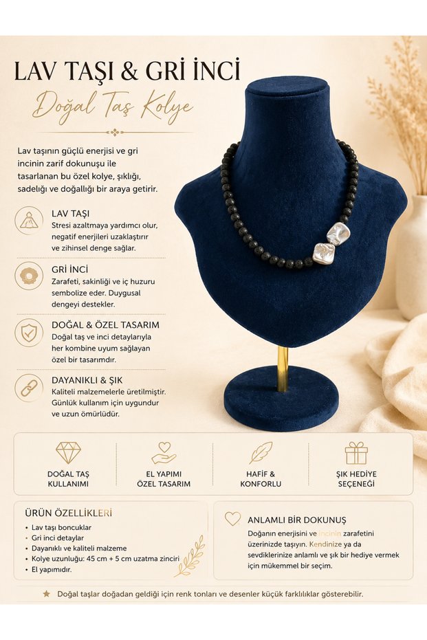 Lava Stone Gray Pearl Detailed Natural Stone Necklace Handmade Steel Women's Necklace