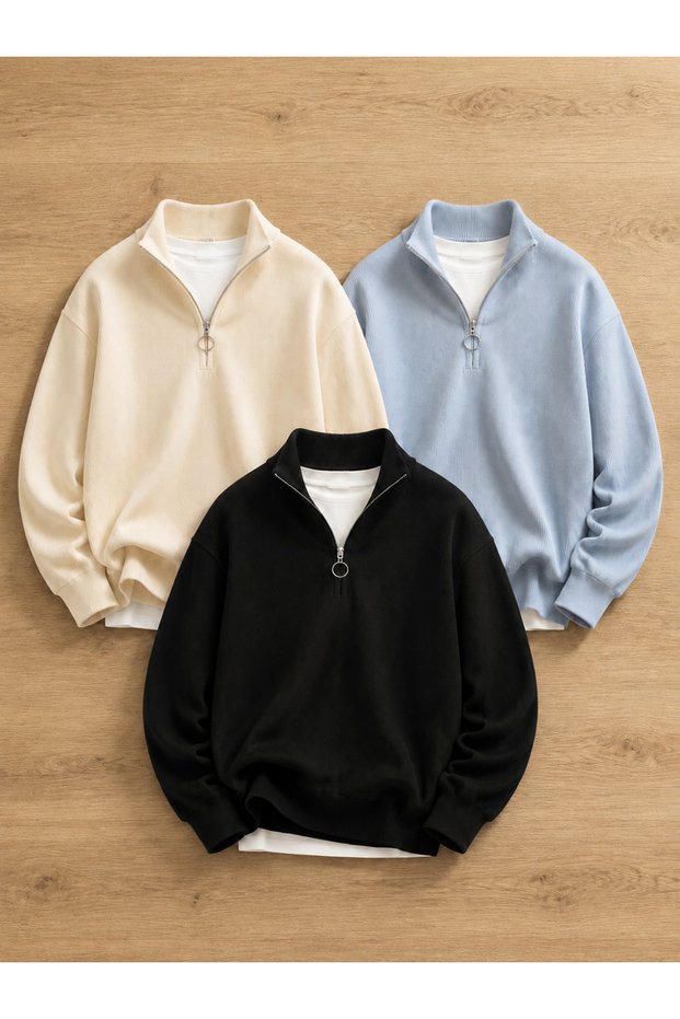 Advantageous 3-Piece Set Premium Men's Casual Half-Zipper Winter Knitwear Thessaloniki Sweater