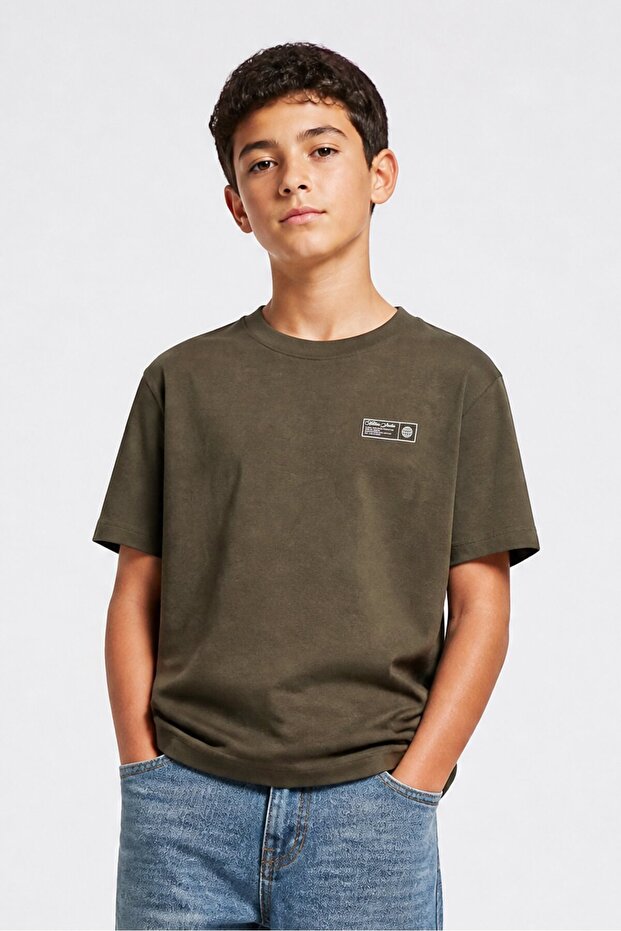 Kids Boy Crew Neck Short Sleeve Brand Logo T-Shirt, Dark Olive