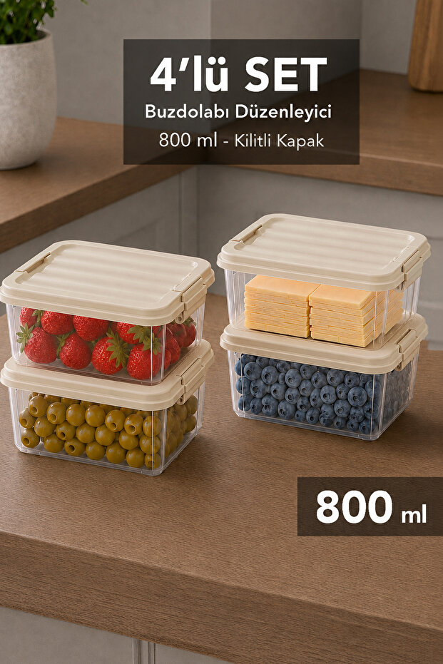 4-Piece Elora Storage Box - 800ml Locking Lid Storage Container Organizer Kitchen Organizer Beige