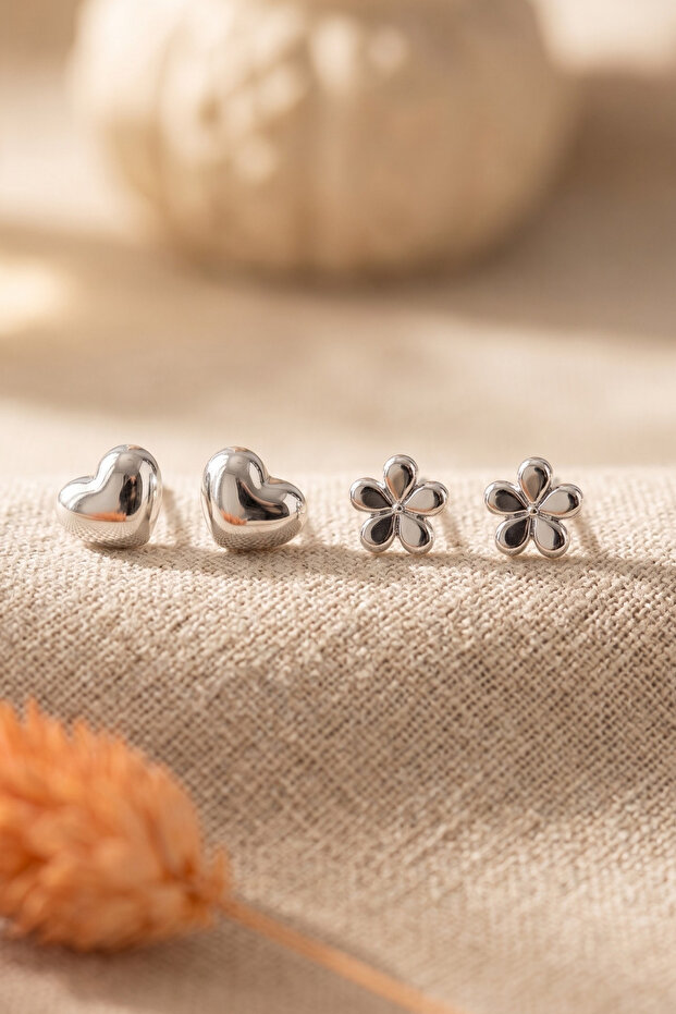 Heart and Flower Model Double Earring Set