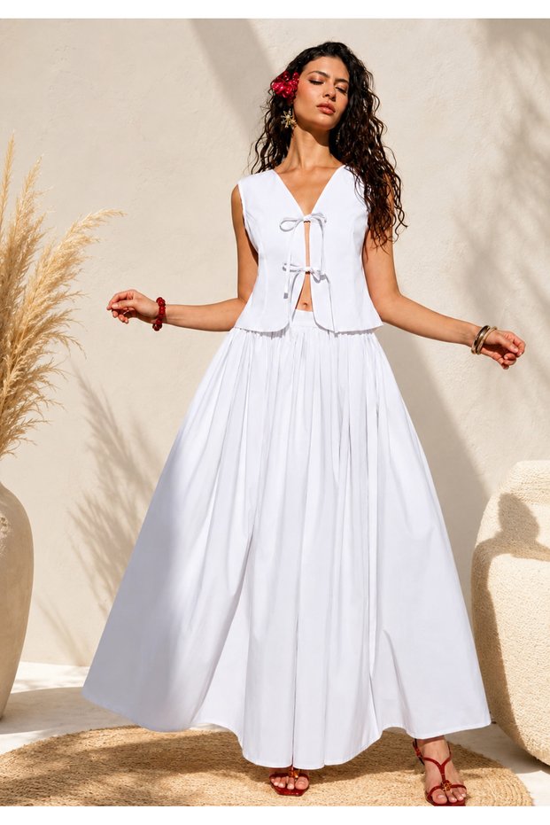 Women's White Tie-Detail Vest Maxi Skirt Top and Bottom Set Summer Stylish Set
