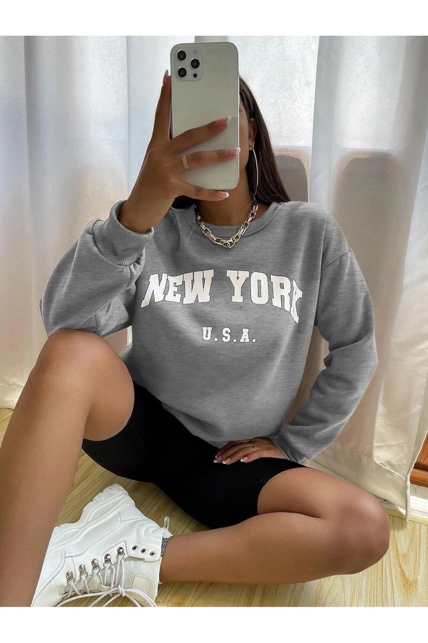 Women's Gray New York USA Printed Hoodie Sweatshirt