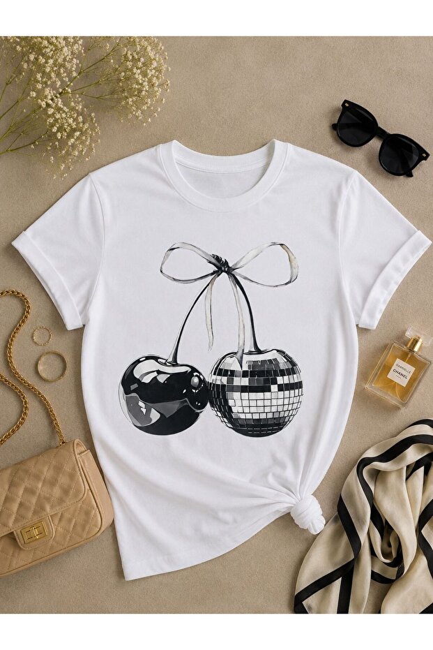 Women's Basic Cherry Digital Printed T-Shirt