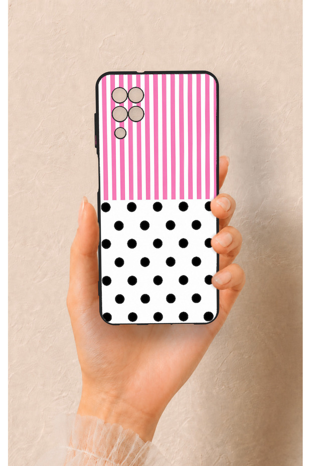 Samsung A12 Compatible Pink Striped Polka Dot Patterned Silicone Case