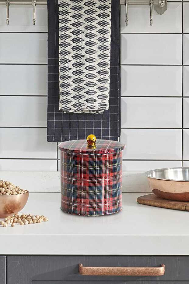Plaid Patterned Metal Round Storage Container, 17.5 Cm, Kitchen Storage, 0.5 Lt
