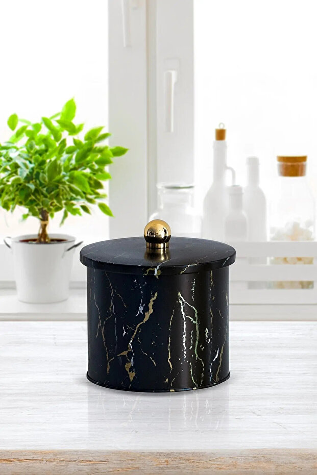 Marble Black Patterned Metal Storage Container, 14 Cm, Kitchen Organizer, 0.5 Lt