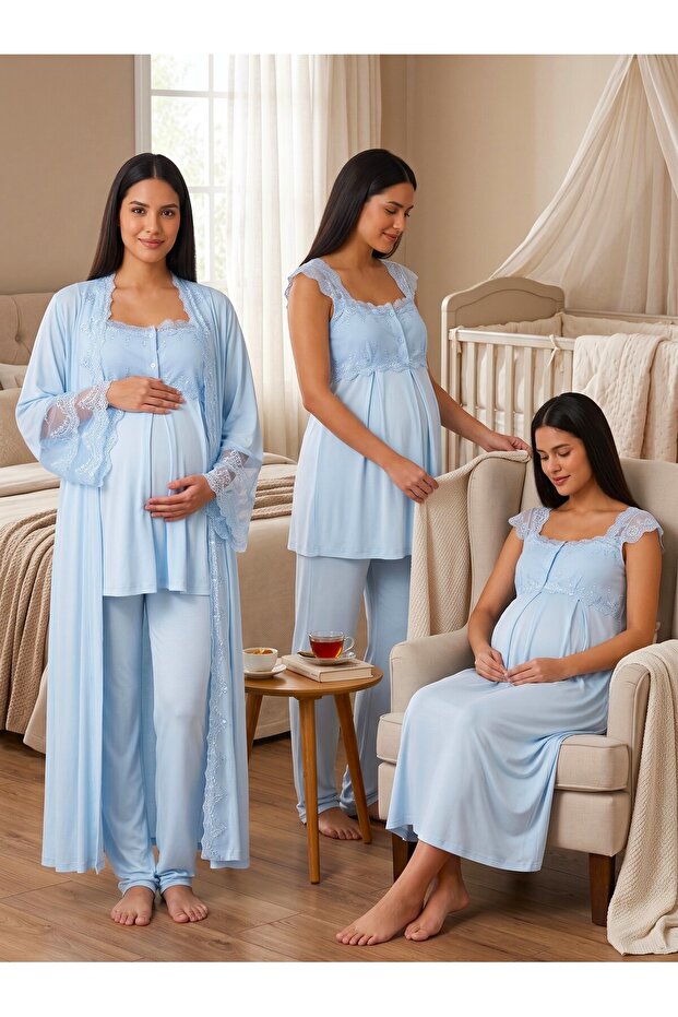 New Season Blue Easy Breastfeeding Lace Design Wide Strap 100% Cotton Maternity Nightgown Pajama Set