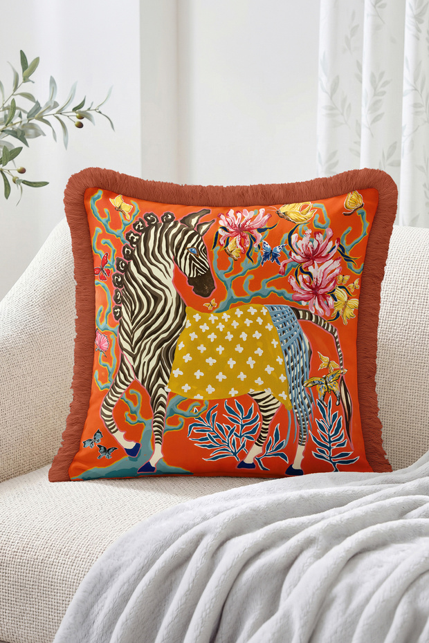 Zebra Figured Floral and Butterfly Patterned Fringed Throw Pillow Cover - Bohemian Decorative Pillowcase