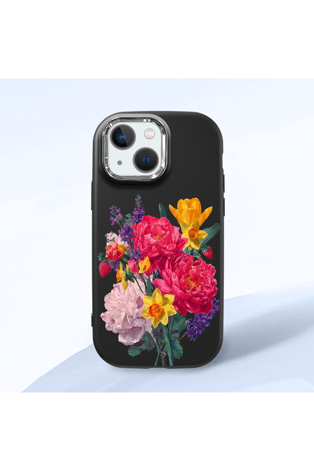 iPhone 13 Mini Compatible Case Camera Protector Black Silicone Couple Phone Case with Floral Pattern