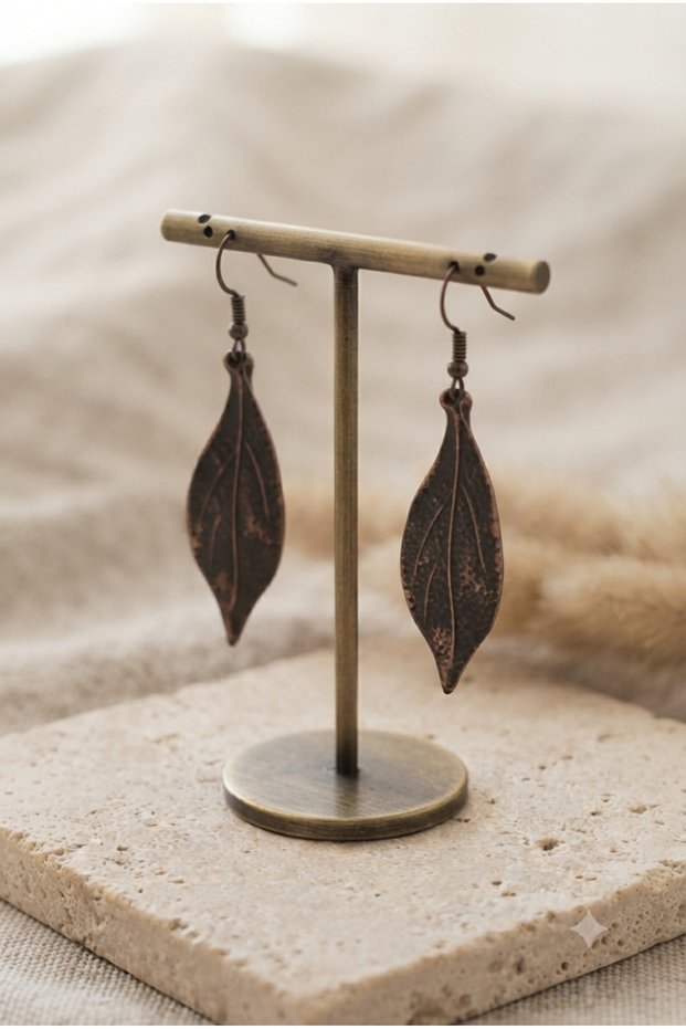 Handmade Antique Brass Leaf Figured Authentic Earrings