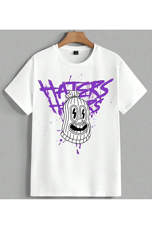 Haters Graffiti Purple Style Head Printed Unisex Oversize T-Shirt White