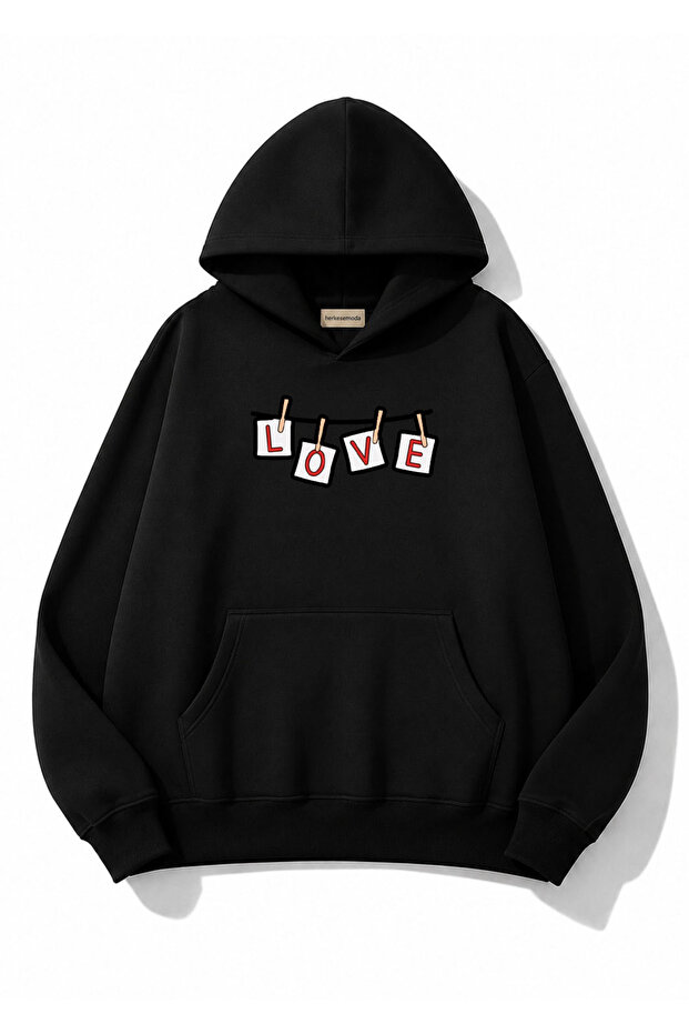 Love Printed Hooded 2 Thread Threaded Sweatshirt