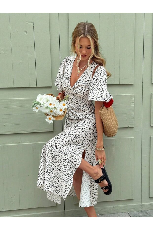 Women's Short Sleeve V-Neck Side Slit Floral Patterned Midi Single Jersey Dress