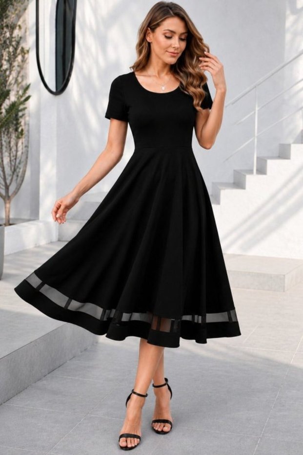 Women's Short Sleeve Round Neck Tulle Detailed Midi Janjan Crepe Dress