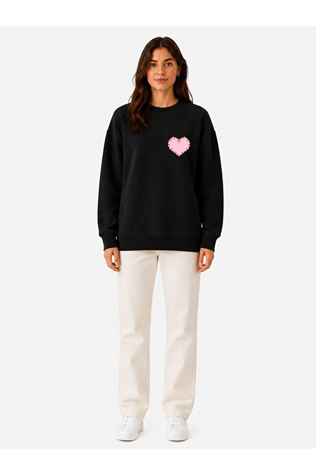 Minimal Heart Print Detailed Shirred 2 Thread Crew Neck Sweatshirt
