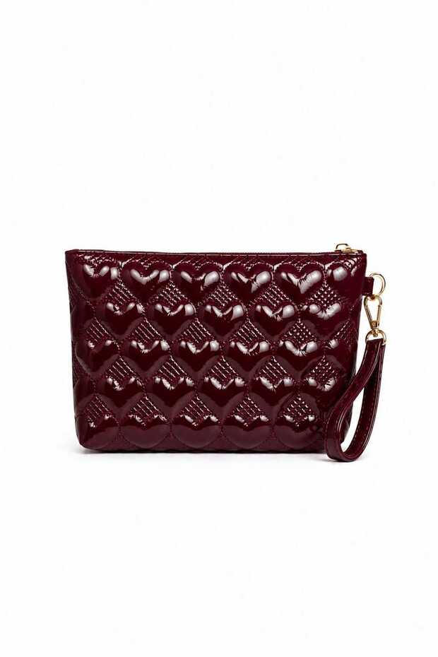 Burgundy Patent Leather Heart Patterned Makeup Clutch Handbag Makeup Bag 23X15 cm