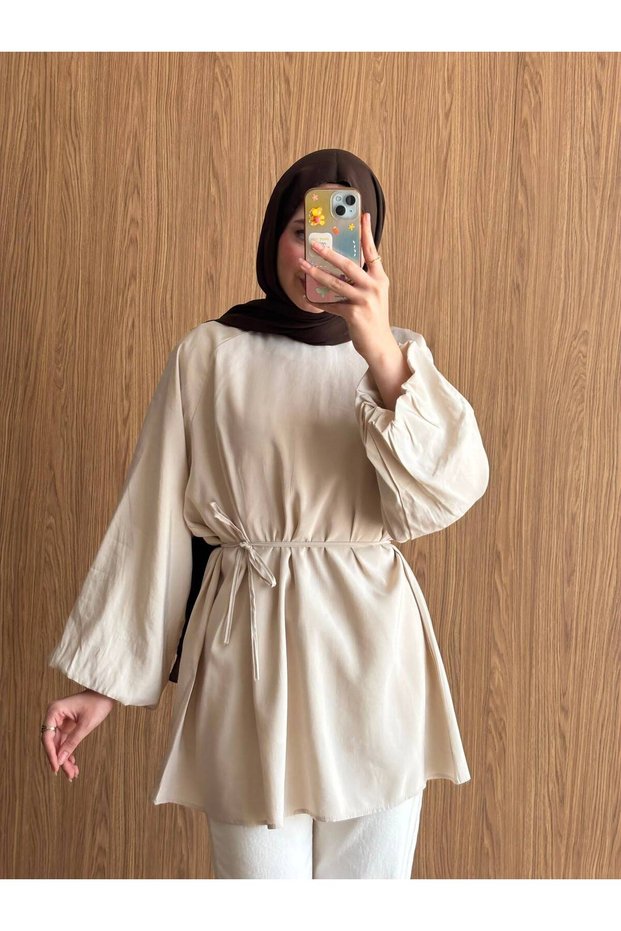 Women's Crew Neck Balloon Sleeve Waist Tie Hijab Tunic